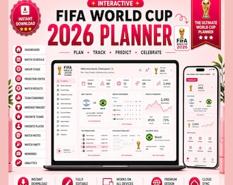 May include: An interactive FIFA World Cup 2026 digital planner displayed on a laptop and smartphone screen. The interface features sections for match schedules, group stages, predictions, and team standings with a pink and white color scheme.