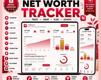 May include: An interactive net worth tracker digital dashboard displayed on a laptop and smartphone screen. The interface features red and white color schemes with charts, graphs, and financial metrics including total assets, liabilities, and wealth score.