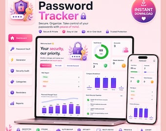 May include: A digital password tracker interface displayed on a laptop and smartphone screen. The dashboard features a purple lock icon, security metrics, bar charts, and a risk report. Text includes Password Tracker, Secure & Private, and Instant Download.