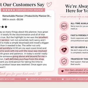 以下が含まれることがあります： Remarkable Plannerのカスタマーレビューを掲載した淡いピンク色のグラフィック。優れたカスタマーサービス、迅速なサポート、信頼性を強調するテキストが含まれています。24時間年中無休の対応、フレンドリーなサポート、顧客からの信頼を示すアイコンが配置されています。