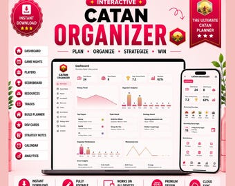 May include: An interactive Catan organizer digital planner displayed on a laptop and smartphone screen. The interface features a dashboard with game statistics, victory trends, and strategy boards. Text includes Interactive Catan Organizer, Plan, Organize, Strategize, Win, and The Ultimate Catan Planner.