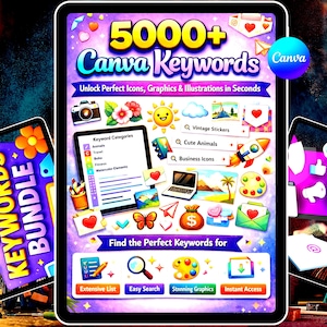 Puede incluir: Una tableta digital muestra un gráfico colorido que promociona "5000+ Canva Keywords". La imagen incluye iconos, ilustraciones y el texto "Unlock Perfect Icons, Graphics & Illustrations in Seconds". El texto adicional incluye "Keywords Bundle."