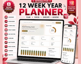 May include: An interactive 12 week year planner displayed on a laptop and smartphone screen. The interface features a dashboard with goal tracking, habit monitoring, and analytics. Text includes "12 WEEK YEAR PLANNER" and "PLAN, FOCUS, EXECUTE, ACHIEVE."