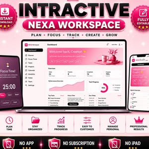 May include: A digital workspace interface displayed on a laptop, smartphone, and tablet. The interface is pink and white, with the text "NEXA WORKSPACE" and icons for planning, tracking, and creating. The phone displays a focus timer.