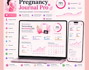 May include: A digital pregnancy journal interface displayed on a laptop and smartphone screen. The layout features pink and white color schemes, progress charts, calendar previews, and icons for tracking appointments, symptoms, and baby growth.