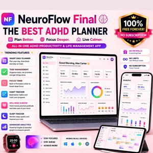 ADHD Digital Planner for Adults | Habit Tracker Focus Timer Mood Tracker | Neurodivergent Productivity Tool Instant Download