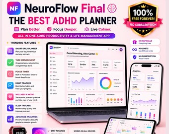ADHD Digital Planner for Adults | Habit Tracker Focus Timer Mood Tracker | Neurodivergent Productivity Tool Instant Download
