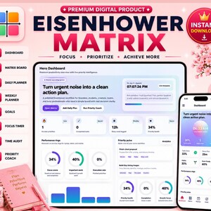 May include: A digital Eisenhower Matrix productivity tool displayed on a tablet and smartphone screen, featuring a dashboard with task management, priority tracking, and performance metrics, alongside a pink planner and a bouquet of flowers.