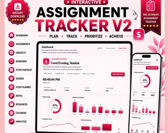 Assignment Tracker,Study Planner, Student Planner Dashboard with Deadlines, Grades, instant download