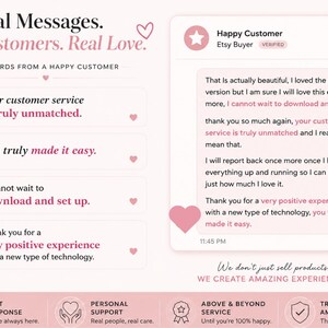 以下が含まれることがあります： Real Messages. Real Customers. Real Love.というテキストが書かれた淡いピンク色のグラフィック。Happy Customerからのレビューが表示されたチャットボックス、4つの引用アイコンとテキスト、そして迅速な対応、個人的なサポート、優れたサービス、顧客からの信頼を示すアイコンが並ぶフッターで構成されています。