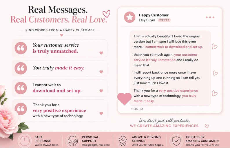 以下が含まれることがあります： Real Messages. Real Customers. Real Love.というテキストが書かれた淡いピンク色のグラフィック。Happy Customerからのレビューが表示されたチャットボックス、4つの引用アイコンとテキスト、そして迅速な対応、個人的なサポート、優れたサービス、顧客からの信頼を示すアイコンが並ぶフッターで構成されています。