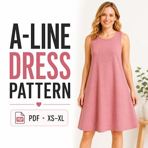 May include: A-line dress pattern in PDF format, sizes XS-XL. The image features a sleeveless, dusty rose-colored dress with a front pocket. The dress is modeled by a woman with blonde hair, standing in front of a white background.