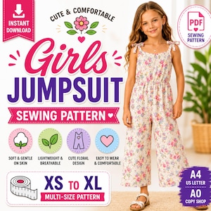 Può includere: Modello di cucito per tuta da ragazza con design floreale. Taglie XS a XL, download immediato. L'immagine mostra "Cute & Comfortable" e "Soft & Gentle on Skin". Facile da indossare e comodo.