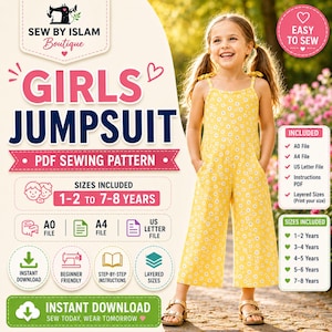 May include: A digital PDF sewing pattern for a girls' jumpsuit, featuring a yellow jumpsuit with a white daisy print, thin shoulder straps, and wide legs. The graphic includes text such as SEW BY ISLAM, GIRLS JUMPSUIT, PDF SEWING PATTERN, and lists sizes from 1-2 to 7-8 years, along with file formats like A0, A4, and US Letter.