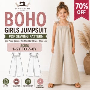 Boho Girls Jumpsuit Sewing Pattern | Wide Leg Romper, Summer Playsuit (Digital Download)