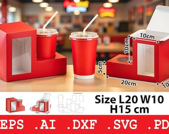 Cup Holder Gift Box Svg Template, Drink Carrier Packaging Box, Window Display Box, Laser Cut File, Cricut Dxf Pdf