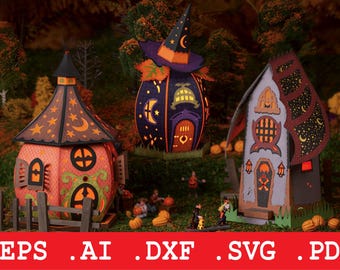 Halloween House SVG Bundle, 3D Paper Craft Village, Light Up Haunted House, Cricut Cut File, Digital Download