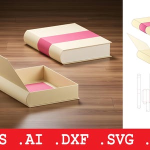 May include: Two beige book-shaped boxes with pink bands. One box is open, showing a pink interior, the other is closed. The boxes are on a wooden surface. The image also includes a diagram of the box.