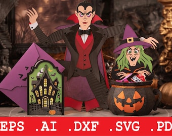 Halloween 3D Paper Craft SVG Bundle, Vampire Witch Cauldron, Haunted House Card, Cricut Cut File, Digital Download