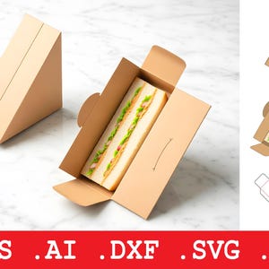 May include: A brown cardboard sandwich box, open to show a sandwich with lettuce and other fillings. A second box is closed. The image also shows a diagram of the box and file type extensions: .EPS .AI .DXF .SVG .PDF.