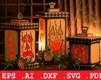 Halloween Lantern SVG Bundle, 3D Paper Craft, EEK BOO Light Up Lanterns, Cricut Cut File, Digital Download