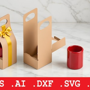 Può includere: Una tazza in ceramica rossa all'interno di una confezione regalo di carta marrone con manico e nastro giallo. L'immagine mostra anche una scatola vuota e una tazza rossa separata. La parte inferiore dell'immagine ha i tipi di file .EPS .AI .DXF .SVG .PDF.