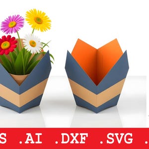 May include: Two paper flower pots, one filled with colorful flowers. The pots are blue with a tan chevron design. The inside of the pots are orange. The image also shows a diagram of how to assemble the flower pot.