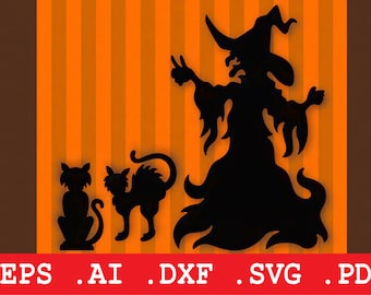 Witch Black Cat SVG Bundle, Halloween Silhouette, Laser Cut & Cricut File, Vinyl Decal Wall Art, Digital Download