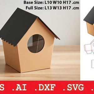 May include: A cardboard house-shaped box with a black roof and a circular window. The base size is 3.9 x 3.9 x 6.7 inches, and the full size is 5.1 x 5.1 x 6.7 inches. The image also includes a diagram and file type options: .EPS, .AI, .DXF, .SVG, and .PDF.