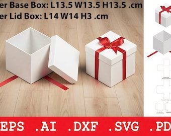 Gift Box SVG Template with Lid, Square Present Box, Luxury Gift Packaging, Ribbon Box Cricut File, Laser Cut dxf eps ai pdf