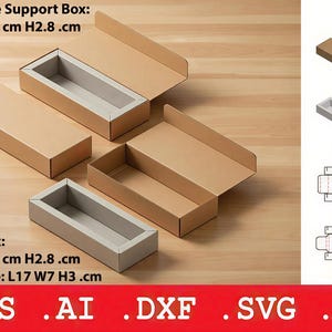 May include: Cardboard packaging boxes, partially assembled, with dimensions in centimeters. The boxes are tan with a gray interior. The text on the image reads: Space Inside Support Box: L14.8 W4.86 cm H2.8 cm. Support Box: L16.8 W6.86 cm H2.8 cm. Full Box Size: L17 W7 H3 cm.