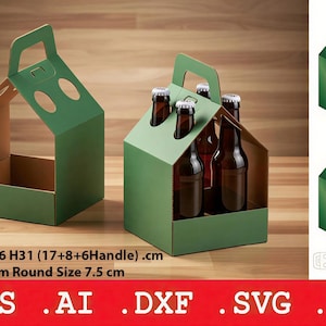 Puede incluir: Porta botellas de cartón verde con asa, que contiene cuatro botellas marrones. El portador mide 16 cm de largo, 16 cm de ancho y 31 cm de alto, incluido el asa. El tamaño redondo inferior es de 7,5 cm. La imagen también muestra un diagrama del portador.