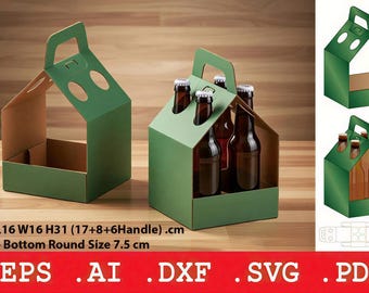 4 Bottle Carrier SVG Template, Drink Holder Box with Handle, Beer Carrier Packaging, Gift Bottle Box Cricut File, dxf eps ai pdf
