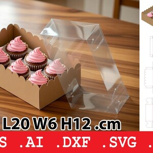 Könnte beinhalten: Eine braune Cupcake-Box mit sechs Cupcakes mit rosa Zuckerguss. Die Box hat einen transparenten Kunststoffdeckel. Die Abmessungen sind L20 B6 H12 cm.