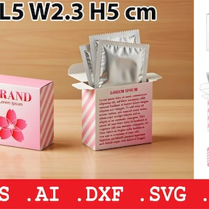 May include: Pink and white striped boxes with a cherry blossom design. One box is closed, and the other is open, revealing silver packets. The boxes are 5 cm high, 5 cm long, and 2.3 cm wide. The word "BRAND" is printed on the boxes.