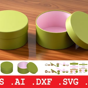 Può includere: Tre scatole regalo rotonde verde lime su una superficie di legno. Una scatola è chiusa, una è aperta, rivelando un interno rosa, e il coperchio è di lato. La terza scatola è chiusa. La parte inferiore dell'immagine presenta icone di formato file vettoriale.