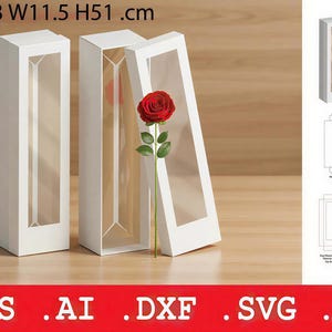 Puede incluir: Cajas de regalo rectangulares blancas con paneles de ventana transparentes, una que contiene una rosa roja. Las cajas miden 51 cm de alto, 13 cm de largo y 11,5 cm de ancho. La imagen también incluye un diagrama del diseño de la caja. Texto en la parte inferior: .EPS .AI .DXF .SVG .PDF.