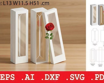 Rose Box SVG Template, Single Flower Gift Box, Long Stem Packaging, Valentine Gift Box, Clear Window Box, Cricut File dxf eps ai pdf