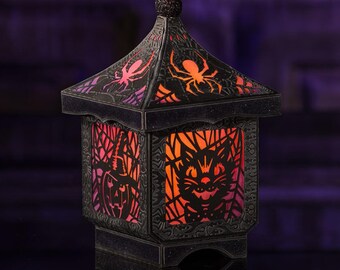 Halloween Lantern SVG, 3D Paper Craft, Cat Spider Pagoda Luminary, Light Up Lantern, Cricut Cut File, Digital Download