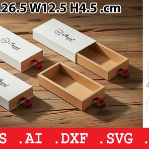 May include: Four rectangular gift boxes with white lids and tan bases, each with a red ribbon pull. The boxes are on a wooden surface. The dimensions are L26.5cm, W12.5cm, and H4.5cm, or approximately 10.4 inches long, 4.9 inches wide, and 1.8 inches high.