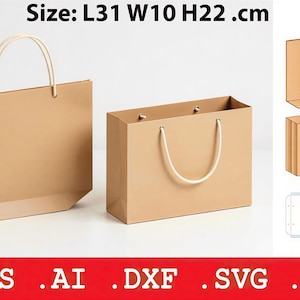 Può includere: Due borse della spesa in carta marrone con manici in corda bianca. Le borse sono rettangolari con un fondo piegato. Le dimensioni sono L31cm, L10cm, H22cm. L'immagine mostra anche un diagramma della borsa.