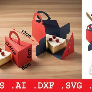 May include: Red and blue triangular cake boxes with handles, each holding a slice of cheesecake topped with cherries. The boxes measure 8cm x 12.65cm x 12cm. Additional boxes are shown in the image. The image also includes file type icons.
