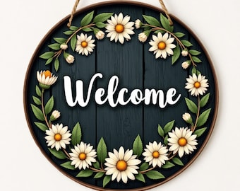 Letrero de madera "Welcome Daisy", decoración floral para puerta, placa de entrada estilo casa de campo.