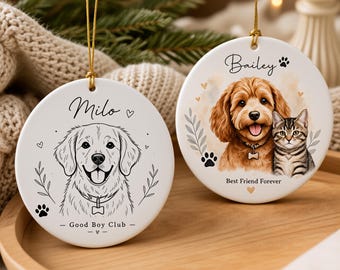 Adorno conmemorativo personalizado para mascotas, recuerdo fotográfico personalizado para perros y gatos, cerámica de doble cara (Hecho en EE. UU.)