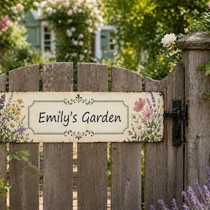 May include: A rustic wooden gate with a sign that reads "Emily's Garden." The sign features floral illustrations and decorative borders. The gate is surrounded by lush greenery and blooming flowers, creating a charming garden scene.