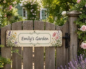 Letrero metálico personalizado para jardín, letrero con nombre personalizado, decoración floral para jardín, arte de pared metálico vintage, 4 x 16 pulgadas, regalo de inauguración de casa