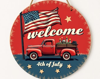 Letrero de bienvenida patriótico para puerta, decoración de madera para el 4 de julio