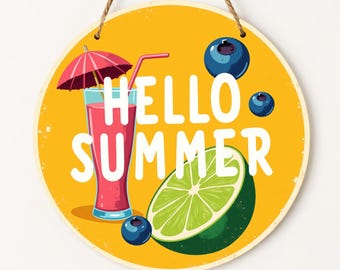 Letrero de madera "Hola Verano" para puerta, decoración tropical para porche, regalo