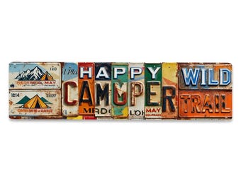 Letrero metálico Happy Camper, estilo matrícula vintage, decoración para caravanas y remolques, aluminio 4x16