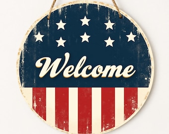 Letrero de madera de bienvenida patriótica para puerta, decoración rústica americana